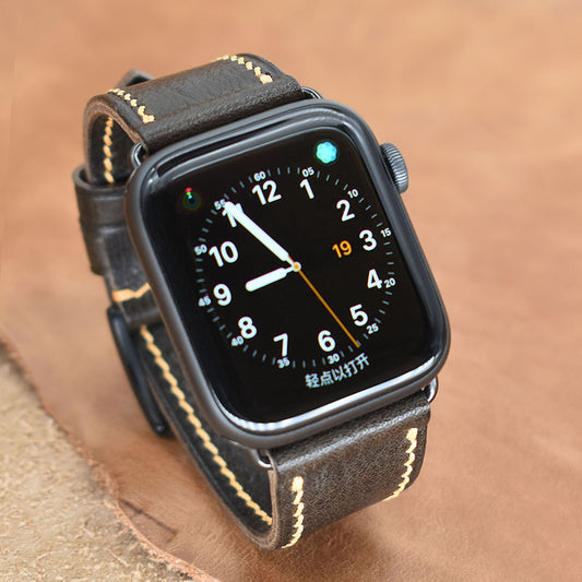Handmade black buckle Apple strap in grey vintage waxed calf leather for Ultra 2, SE, Ultra Series 9 8 7 6 5 4 3 2 1