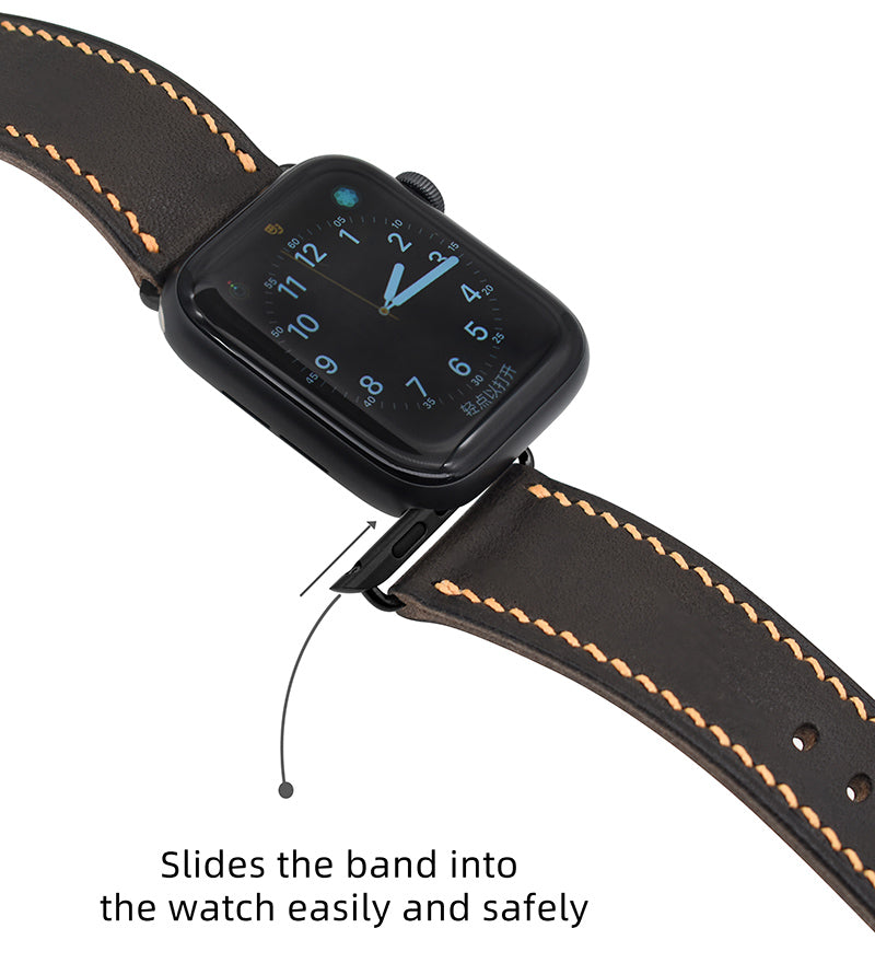 Handmade black buckle Apple strap in grey vintage waxed calf leather for Ultra 2, SE, Ultra Series 9 8 7 6 5 4 3 2 1