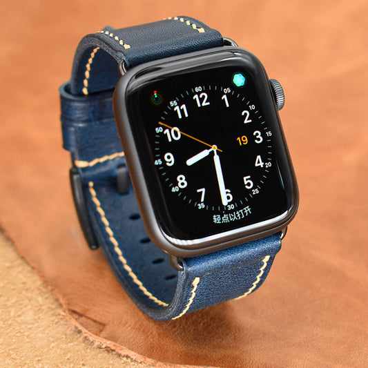 Handmade black buckle Apple strap in vintage waxed calf leather in navy blue for Ultra 2, SE, Ultra Series 9 8 7 6 5 4 3 2 1