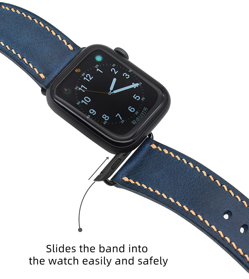Handmade black buckle Apple strap in vintage waxed calf leather in navy blue for Ultra 2, SE, Ultra Series 9 8 7 6 5 4 3 2 1