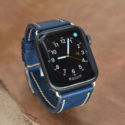 Handmade vintage blue waxed calfskin leather steel buckle Apple strap for Ultra 2, SE, Ultra Series 9 8 7 6 5 4 3 2 1