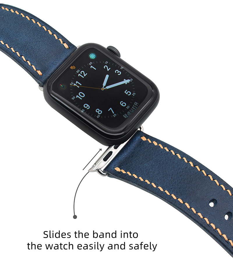 Handmade vintage blue waxed calfskin leather steel buckle Apple strap for Ultra 2, SE, Ultra Series 9 8 7 6 5 4 3 2 1