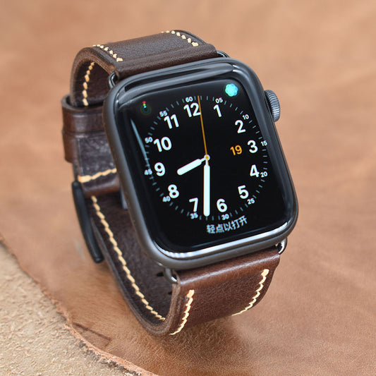Handmade Dark Grey Vintage Waxed Calfskin Black Buckle Apple Strap for Ultra 2, SE, Ultra Series, 9, 8, 7, 6, 5, 4, 3, 2, 1