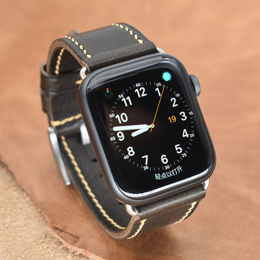 Handmade dark grey vintage waxed calf leather steel buckle Apple strap for Ultra 2, SE, Ultra, Series 9,8, 7 ,6 ,5 ,4 ,3 ,2, 1