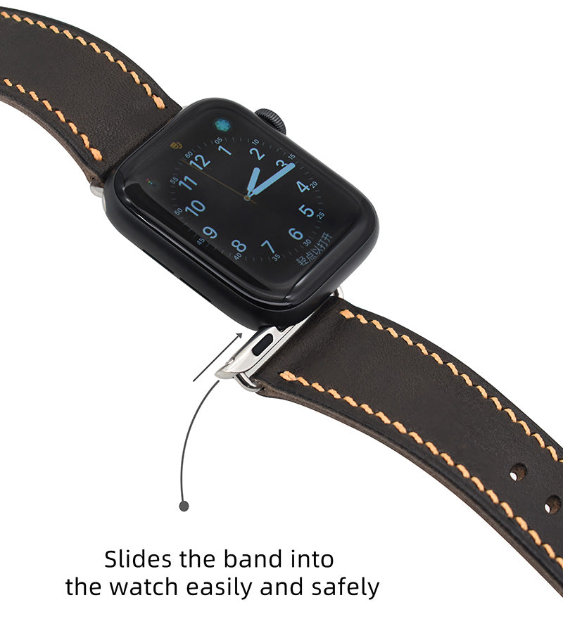 Handmade dark grey vintage waxed calf leather steel buckle Apple strap for Ultra 2, SE, Ultra, Series 9,8, 7 ,6 ,5 ,4 ,3 ,2, 1