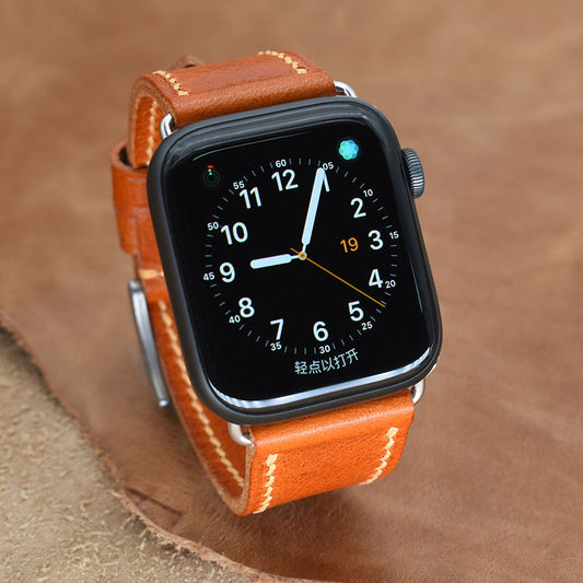 Handmade brown vintage waxed calf leather steel buckle Apple strap for Ultra 2, SE, Ultra Series 9 8 7 6 5 4 3 2 1