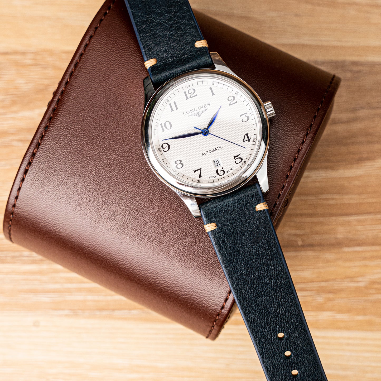 Blue color vegetable tanned leather side seam strap