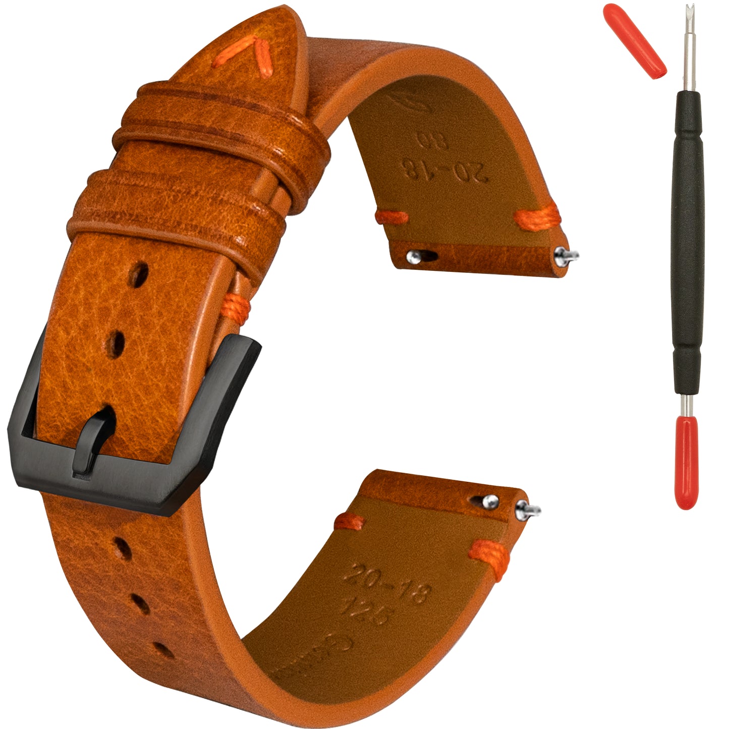 Side-stitched strap in brown vegetable-tanned leather with orange stitching