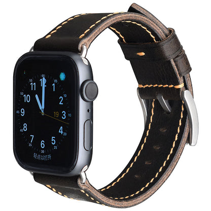 Handmade dark grey vintage waxed calf leather steel buckle Apple strap for Ultra 2, SE, Ultra， Series 9，8， 7 ，6 ，5 ，4 ，3 ，2， 1