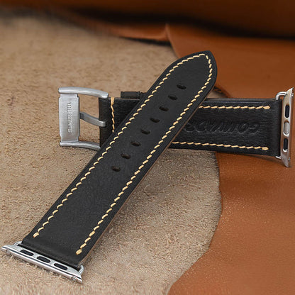 Handmade dark grey vintage waxed calf leather steel buckle Apple strap for Ultra 2, SE, Ultra， Series 9，8， 7 ，6 ，5 ，4 ，3 ，2， 1