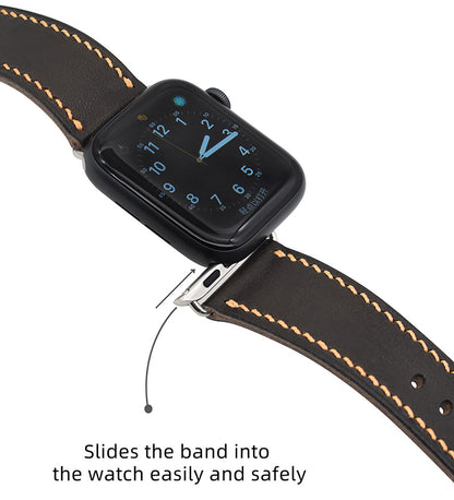 Handmade dark grey vintage waxed calf leather steel buckle Apple strap for Ultra 2, SE, Ultra， Series 9，8， 7 ，6 ，5 ，4 ，3 ，2， 1