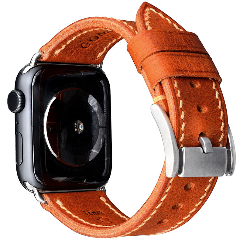 Handmade brown vintage waxed calf leather steel buckle Apple strap for Ultra 2, SE, Ultra Series 9 8 7 6 5 4 3 2 1