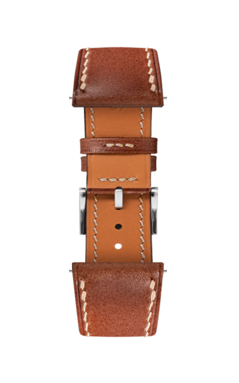 Side-stitched strap in brown vegetable-tanned leather with orange stitching