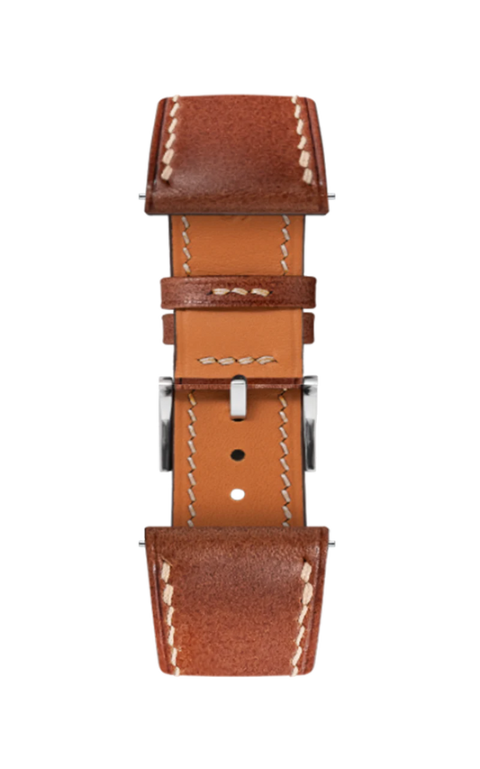 Side-stitched strap in brown vegetable-tanned leather with orange stitching